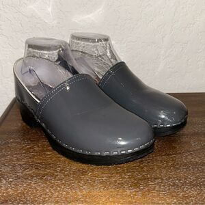 VERKA Jobba Gray Stone Swedish Slip On Wooden Patent Leather Chunky Clog Shoes